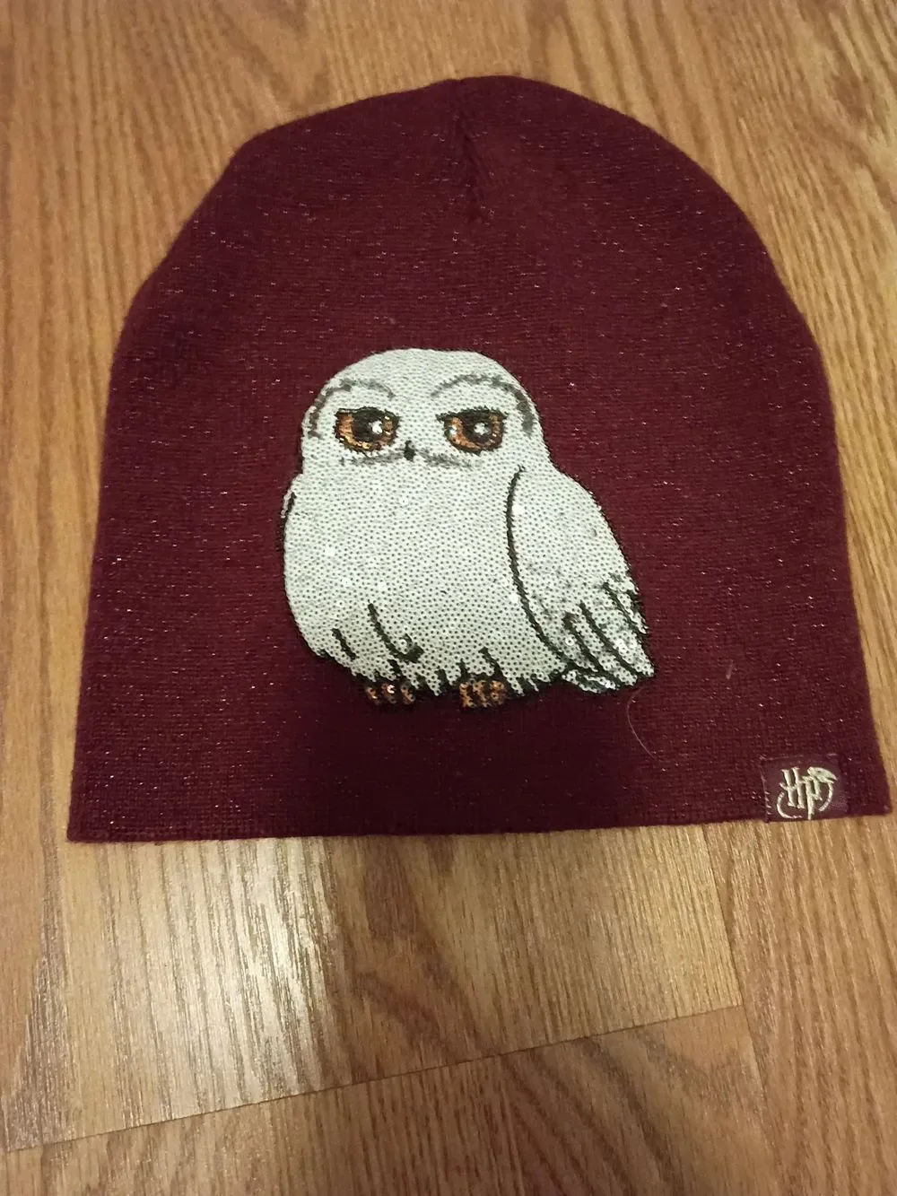 H&M Burgundy Knit Beanie with White Sequin Owl